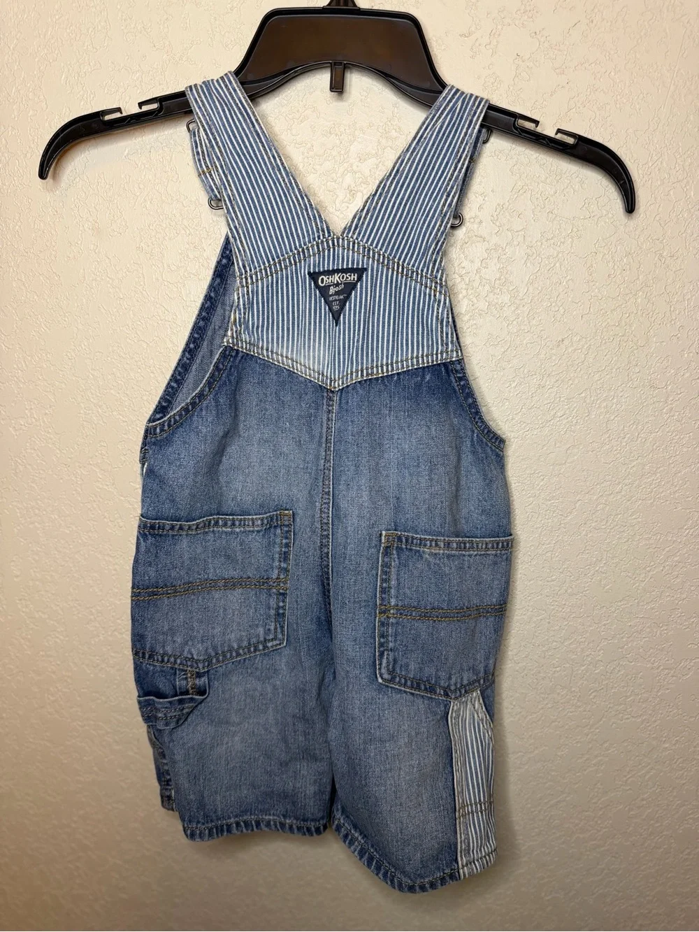 OshKosh B'gosh Blue Denim Shortalls with Striped Pocket Accent